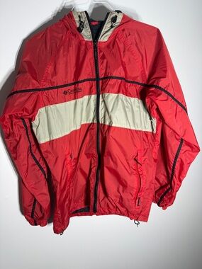 Columbia Red and Cream Hooded Windbreaker Jacket